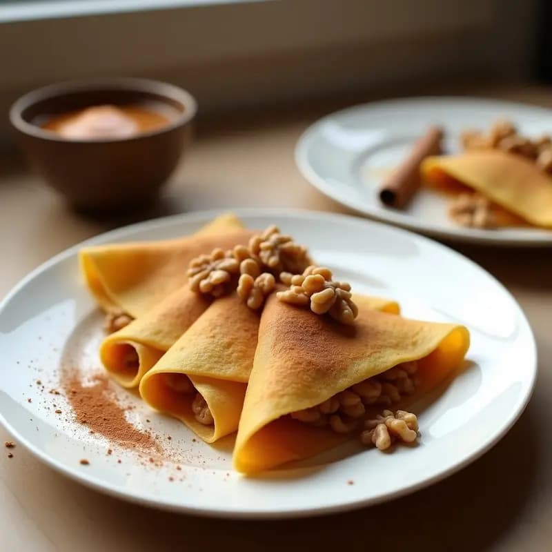 Plato blanco con crepes dorados de harina de lentejas rellenos de puré de castaña y canela, apilados en forma de torre. Decorados con frutos rojos frescos, almendras fileteadas tostadas y un hilo de miel. Fondos desenfocado con textura rústica.
