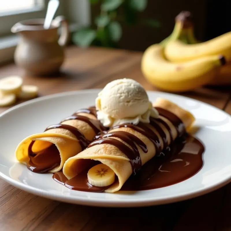 Plato blanco con crepes doradas rellenas de Nutella y plátano, bañadas en chocolate negro brillante, coronadas con una bola de helado de vainilla derritiéndose ligeramente. Fondo borroso con salsa de chocolate y trozos de plátano.