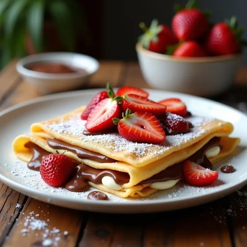 Pila de crepes dorados rellenos de Nutella, queso crema y fresas frescas, espolvoreados con azúcar glas, servidos en un plato blanco con salsa de chocolate derretido al lado.