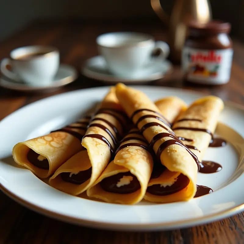 Plato blanco con crepes dorados rellenos de Nutella y queso crema, bañados en sirope de chocolate brillante, servidos como desayuno de reyes.