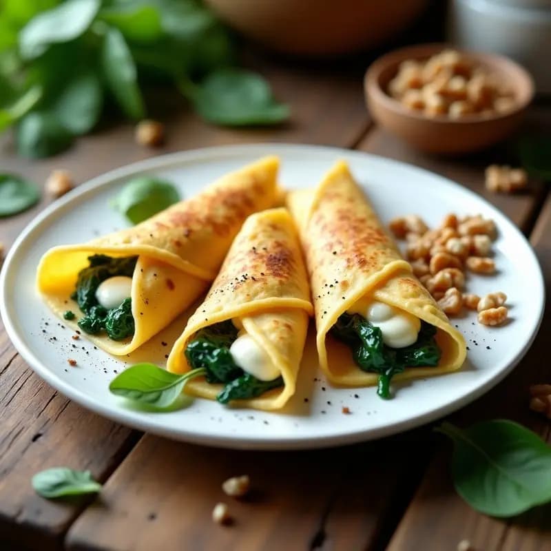 Plato blanco con crepes salados dorados rellenos de espinacas frescas y queso gorgonzola derretido, decorados con nueces picadas.