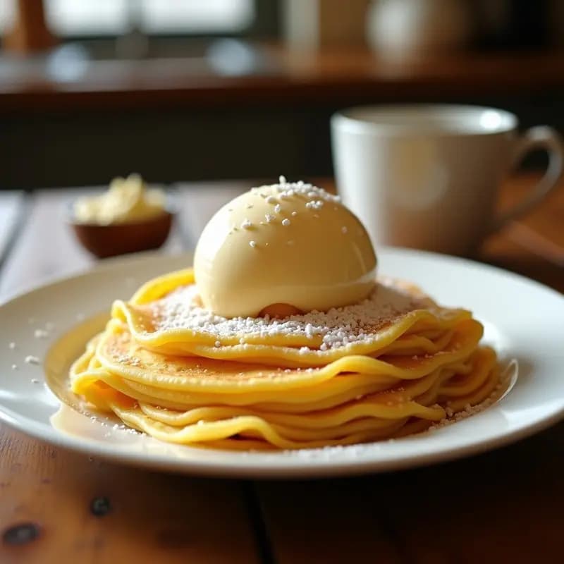 Sartén de cobre con crepes Suzette doradas bañadas en salsa de Grand Marnier flambé, acompañadas de helado de vainilla y almendras fileteadas tostadas, postre francés clásico elegante.