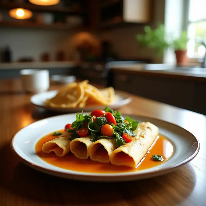 Crepes Suzuki japonesas doradas rellenas de camarones y verduras coloridas, bañadas en salsa teriyaki brillante y espolvoreadas con semillas de sésamo, servidas en plato blanco sobre fondo de madera.