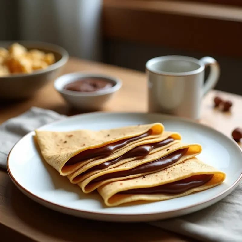Plato blanco con crepes de trigo sarraceno dorados y finos, rellenos de nutella casera de avellanas oscura y brillante, servidos en forma de triángulo sobre un mantel rústico. Desayuno francés sin lactosa con un toque gourmet.