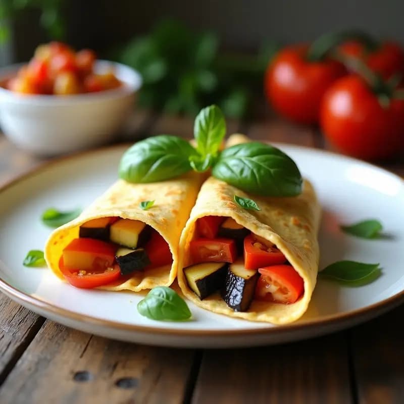 Crepes doradas de harina de trigo sarraceno rellenas de ratatouille colorida y queso de anacardos cremoso, servidas en un plato blanco con hierbas provenzales espolvoreadas.