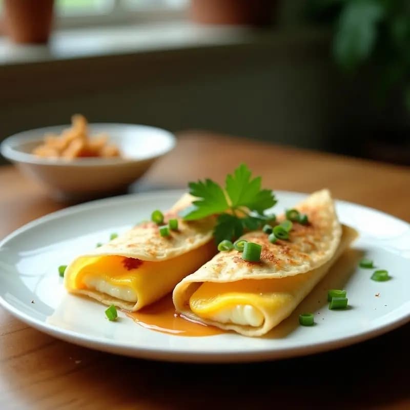 Plato blanco con dos crepes vietnamitas doradas dobladas, rellenas de huevo cremoso y espolvoreadas con cebollino fresco. Acompañadas de hojas de cilantro y un chorrito de salsa de pescado diluida, sobre fondo de madera rústica.