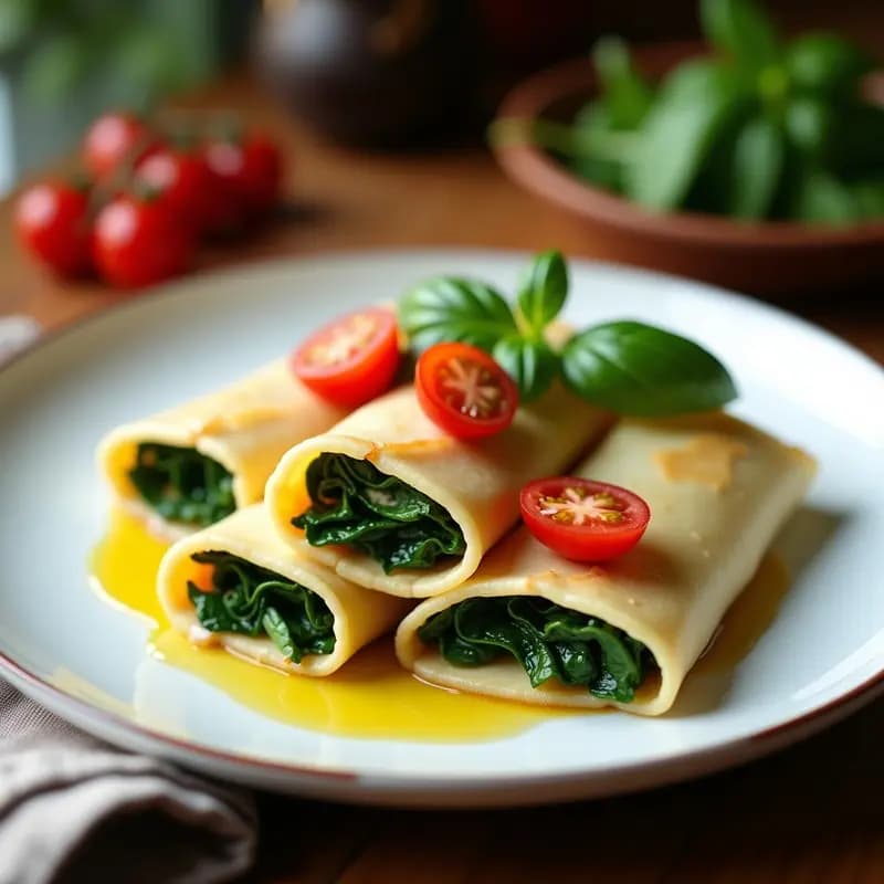 Plato blanco con crespelle alla fiorentina veganas rellenas de espinacas y queso de anacardos, decoradas con tomates cherry y albahaca fresca, servidas en una mesa de madera rústica con fondo borroso.