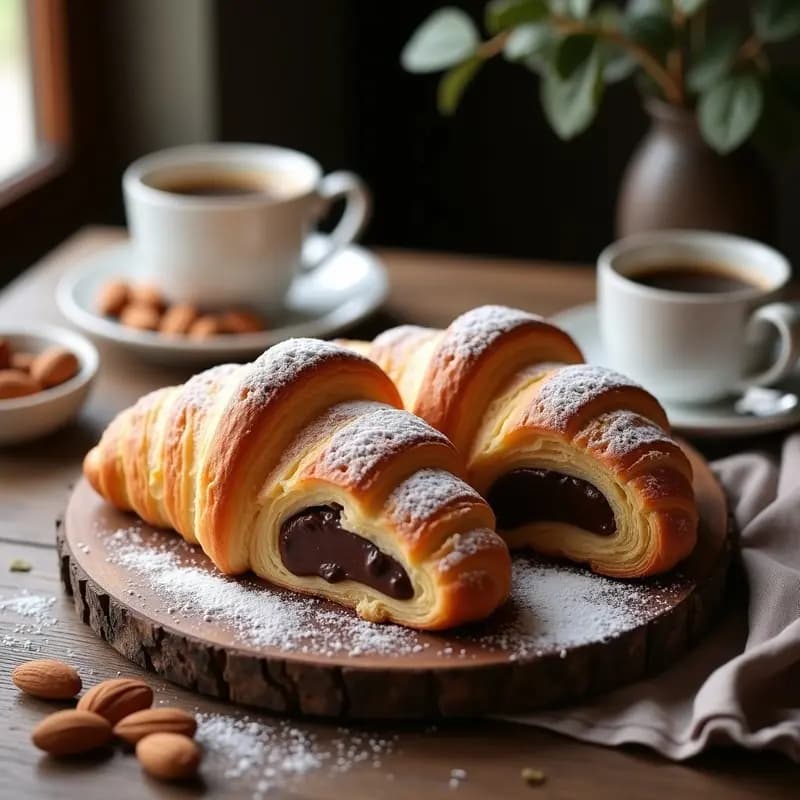 Croissants dorados y hojaldrados rellenos de crema de chocolate y almendra tostada, servidos en una bandeja de madera con azúcar glass espolvoreado, receta Thermomix.