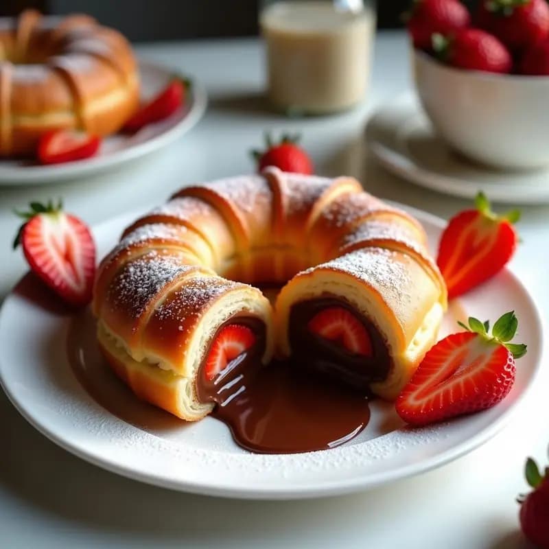 Croissant donut dorado y crujiente relleno de Nutella y fresas frescas, espolvoreado con azúcar glass, sobre fondo blanco con detalles de fresas enteras y un hilo de Nutella. Receta de desayuno francés-americano en airfryer.