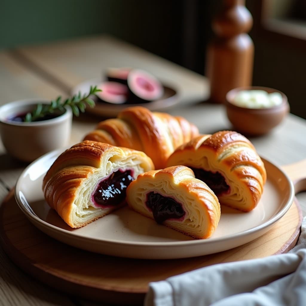 Croissants dorados y esponjosos de harina de arroz rellenos de mermelada de higos, dispuestos en una bandeja de madera con mantel blanco, desayuno francés sin gluten.