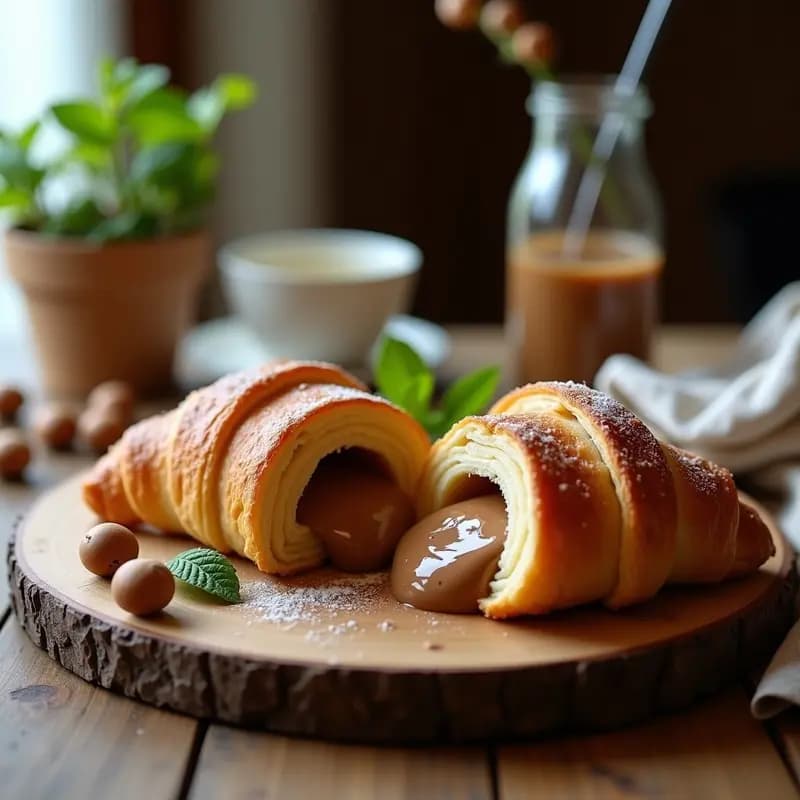 Croissant dorado y crujiente de masa de hojaldre integral, cortado por la mitad para mostrar su relleno cremoso de avellana sin azúcar, servido en una tabla de madera rústica con hojas de menta como decoración.