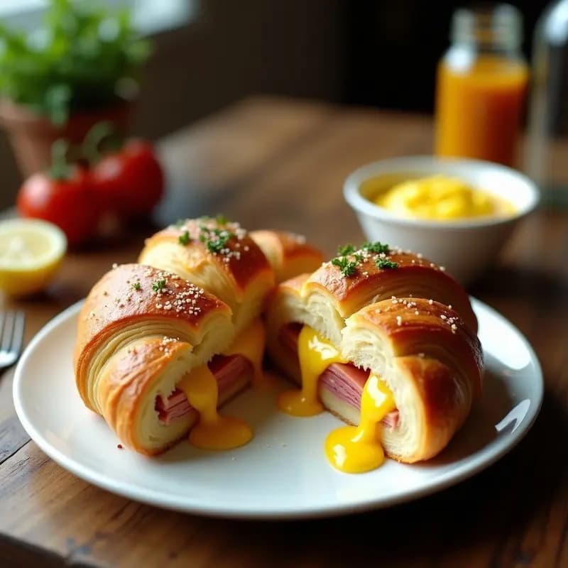 Croissant dorado y crujiente abierto por la mitad, relleno de jamón york y queso emmental fundido, cubierto con una capa dorada de queso gratinado y mantequilla de ajo derretida, servido en plato blanco sobre fondo rústico.