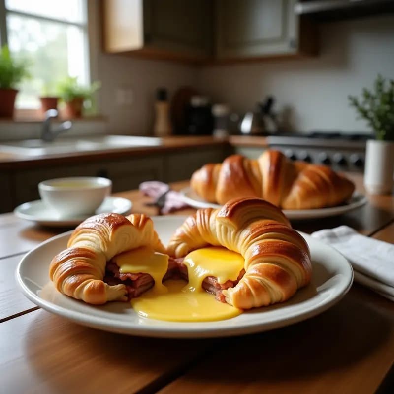 Croissant dorado abierto por la mitad relleno de jamón de York y queso Gruyère fundido, coronado con un huevo frito de yema líquida sobre plato blanco. Receta de croissant de jamón y queso Gruyère con huevo frito.