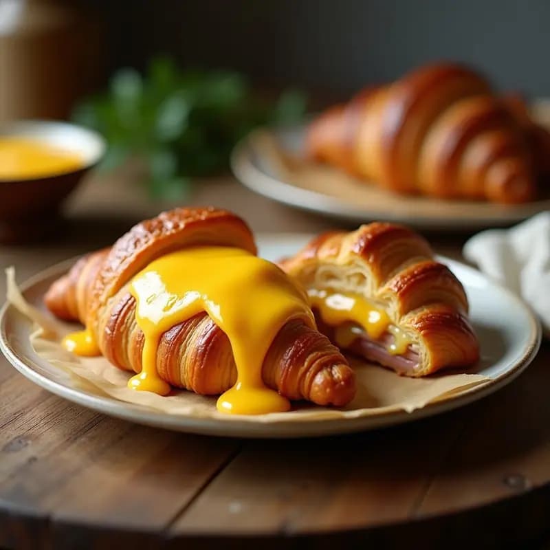 Croissant dorado y crujiente abierto por la mitad, relleno de jamón y queso gruyère fundido, bañado en una salsa espesa de queso cheddar gratinado, sobre una bandeja de horno con papel vegetal.