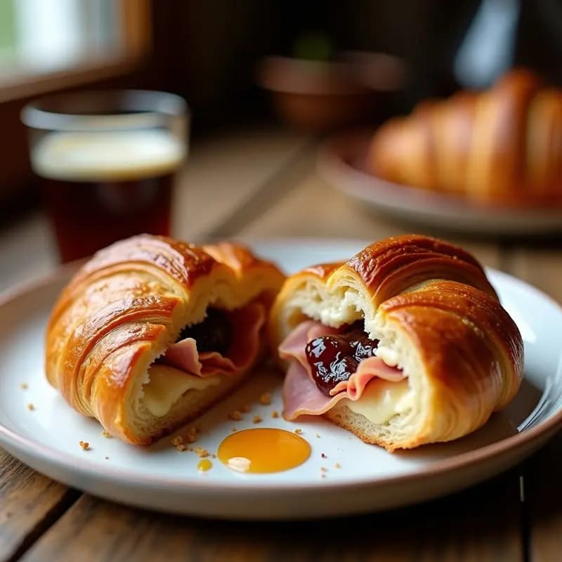 Croissant dorado y crujiente abierto por la mitad, relleno de jamón serrano, queso manchego fundido y un hilo de mermelada de higo, sobre un plato blanco con migas esparcidas. Receta de croissant relleno de jamón, queso y mermelada de higo.