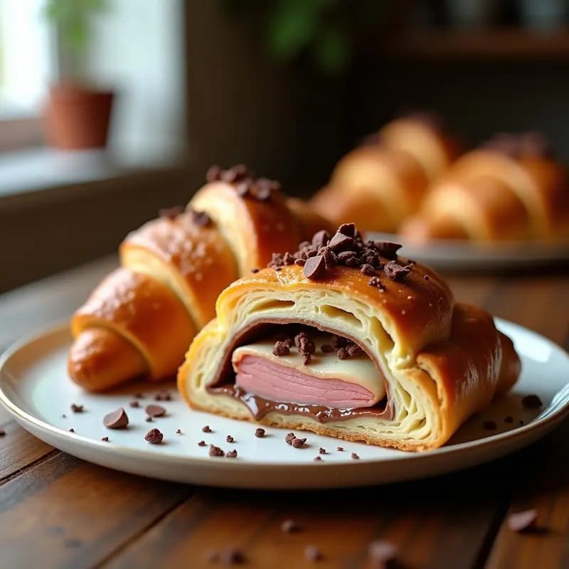 Croissant dorado y crujiente abierto por la mitad, relleno de jamón York, queso fundente derretido y Nutella cremosa, con virutas de chocolate por encima. Desayuno francés indulgente sobre fondo rústico.