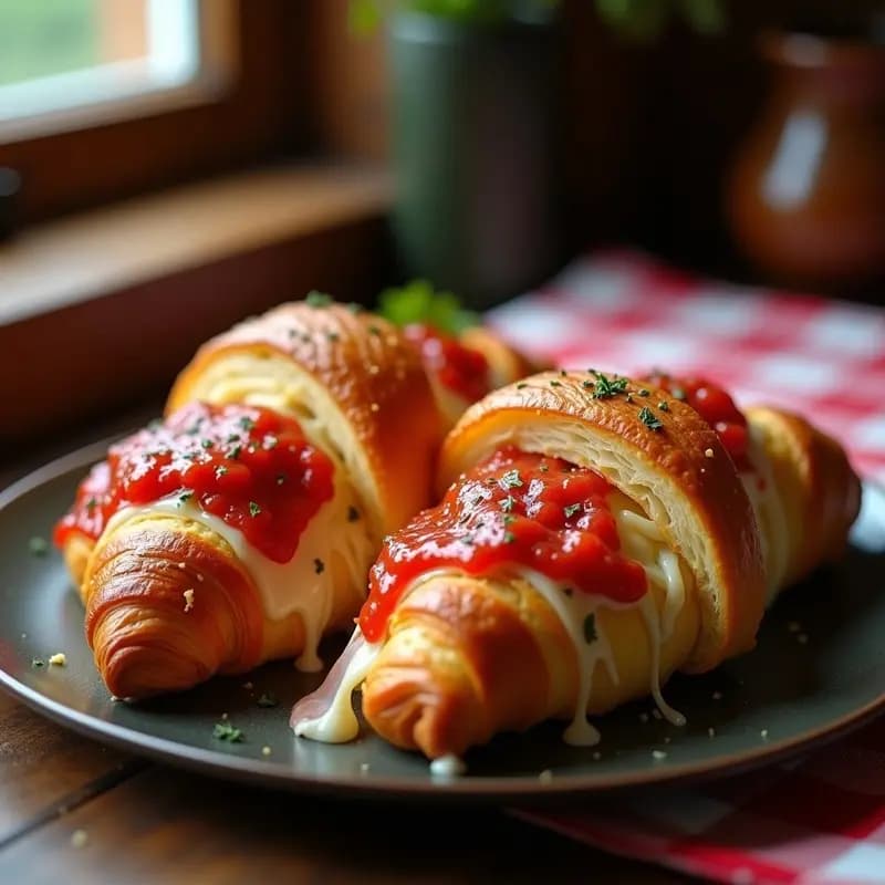 Croissant dorado y crujiente abierto por la mitad, relleno de jamón york, queso cheddar y mozzarella fundidos, con salsa de pizza burbujeante y espolvoreado de parmesano y orégano sobre fondo de papel de horno.