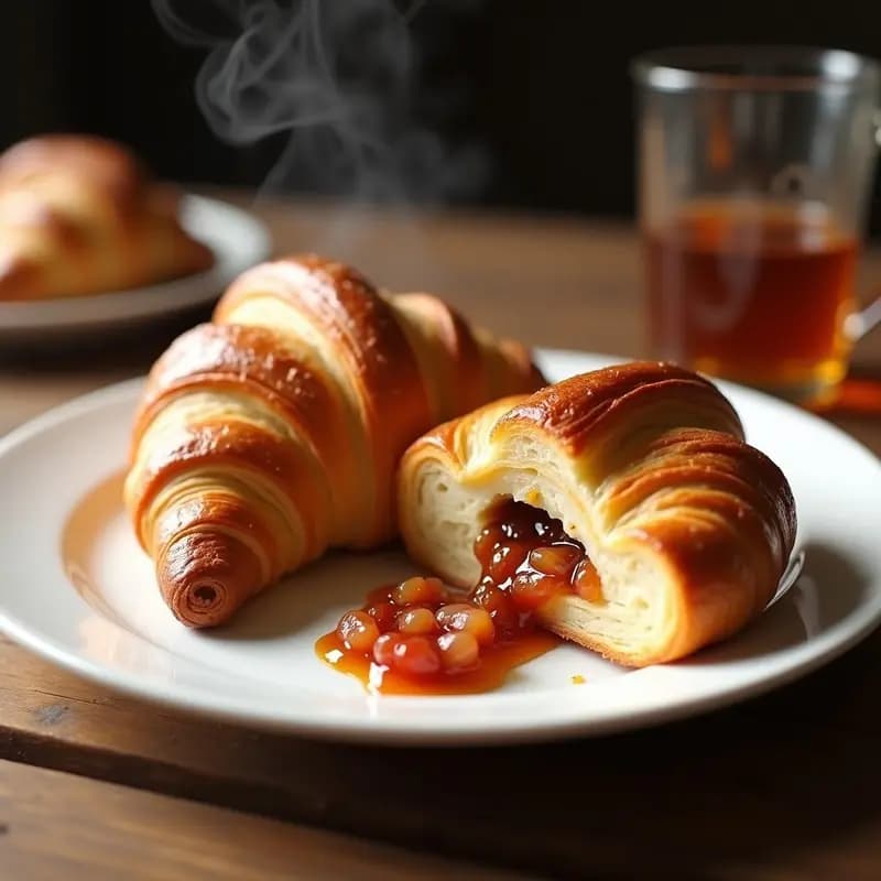 Croissant dorado y crujiente relleno de jamón serrano glaseado con miel, queso brie derretido y mermelada de higos, servido en un plato blanco con fondo rústico. Receta de croissant relleno de jamón serrano, queso brie y mermelada de higos.