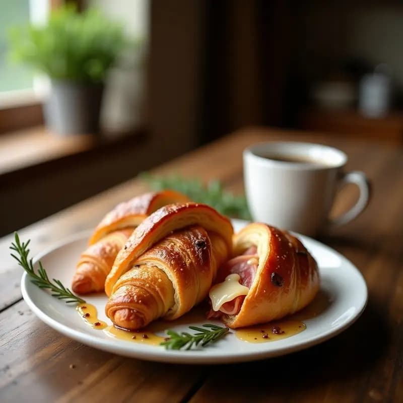 Croissant dorado y hojaldrado relleno de jamón serrano y queso manchego fundido, con un brillo de miel de encina, servido en bandeja de madera rústica para desayuno gourmet español.