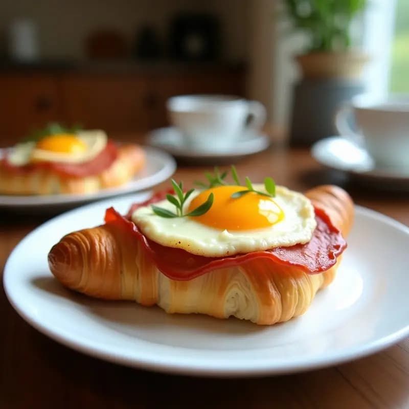 Croissant dorado abierto por la mitad relleno de jamón york, queso emmental fundido, huevo frito con yema líquida y queso rallado gratinado, servido en plato blanco con fondo rústico. Receta de desayuno francés hipercalórico.
