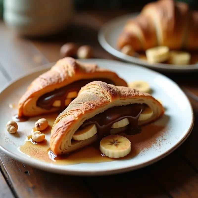 Croissant dorado y hojaldrado relleno de Nutella cremosa, rodajas de plátano maduro y avellanas tostadas, con un hilo de miel brillante y espolvoreado de azúcar glas y canela, servido en un plato blanco sobre fondo rústico.