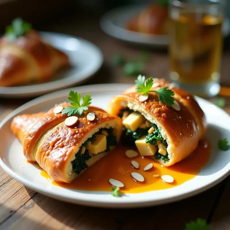 Croissant francés dorado abierto por la mitad, relleno de pollo al curry amarillo con espinacas verdes, almendras fileteadas y cilantro fresco. Plato de fusión francesa e india servido en vajilla blanca sobre fondo rústico.
