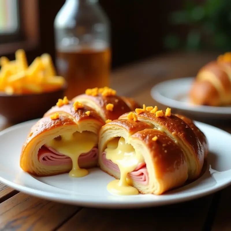 Croissant dorado abierto mostrando su relleno de jamón york, queso gruyère fundido y salsa bechamel, con Doritos triturados espolvoreados por encima. Plato de desayuno hipercalórico y reconfortante.