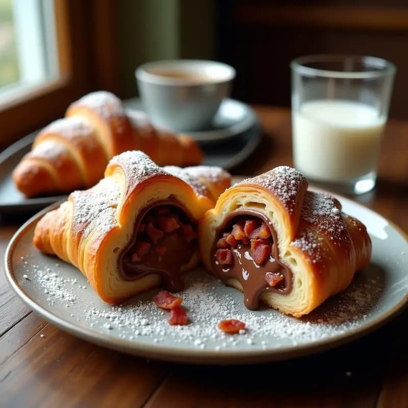 Croissant dorado abierto por la mitad, relleno de Nutella cremosa y trozos de bacon crujiente, con azúcar glas espolvoreado por encima. Plato perfecto para desayuno o merienda indulgente.