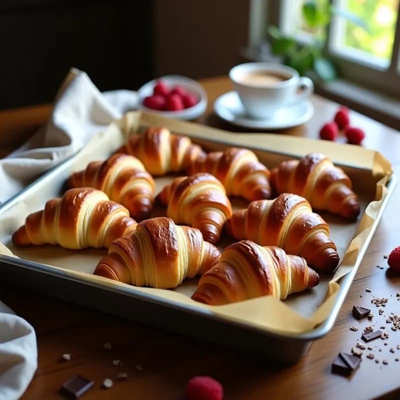 Bandeja de croissants de chocolate recién horneados, dorados y hojaldrados, con capas visibles y chocolate fundente asomando. Receta francesa clásica para desayuno o merienda.