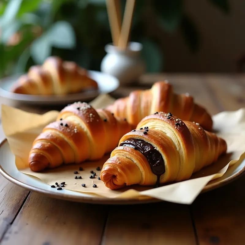 Croissants dorados y hojaldrados rellenos de chocolate negro brillante con vetas de wasabi, espolvoreados con azúcar glass y almendras fileteadas, servidos en una bandeja de madera rústica.