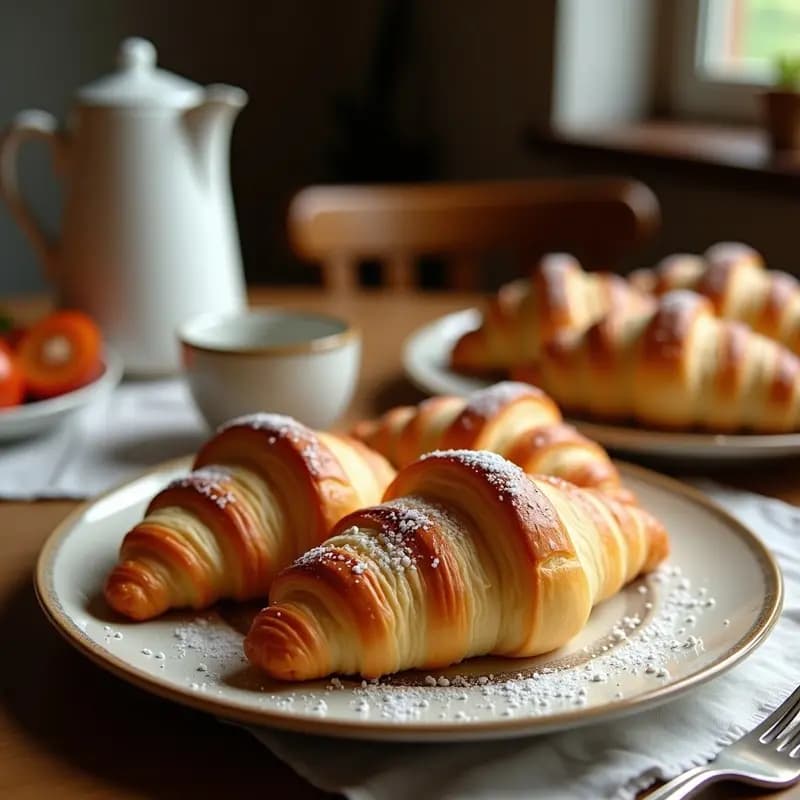 Croissants franceses dorados y hojaldrados rellenos de jamón serrano y queso emmental fundido, dispuestos en una bandeja de madera rústica con un toque de mantequilla clarificada brillante en la superficie.