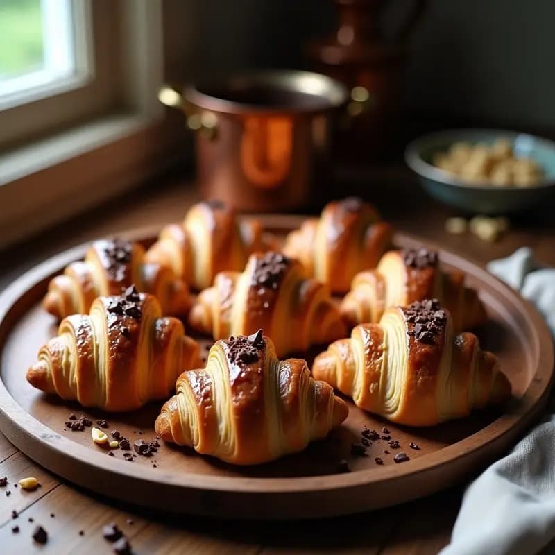 Croissants de hojaldre dorados y capados, rellenos de chocolate negro brillante, sobre una bandeja de madera rústica con nueces picadas y virutas de chocolate. Postre francés keto sin azúcar.