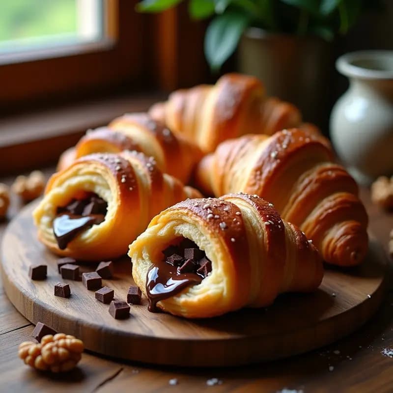 Croissants dorados de masa de hojaldre rellenos de chocolate negro fundente y trozos de nuez, horneados en airfryer, con textura crujiente y brillo dorado, servidos en una bandeja de madera rústica.
