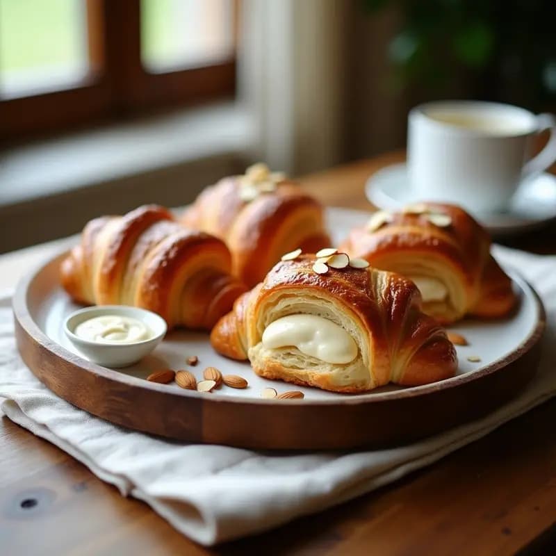 Croissants dorados de hojaldre integral con capas visibles, rellenos de crema de almendras espesa y dorada, servidos en una bandeja de madera rústica con almendras picadas y canela espolvoreada. Desayuno francés saludable sin harina blanca.