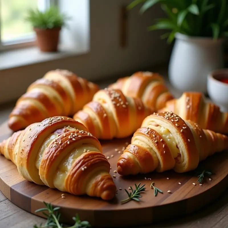 Croissants dorados y laminados de hojaldre rellenos de jamón y queso Gruyère fundido, horneados en Airfryer, con semillas de sésamo y brillo de aceite de oliva, sobre una bandeja de madera rústica.