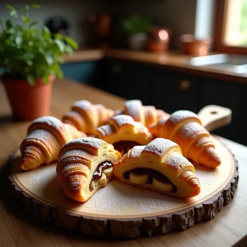 Croissants dorados y crujientes de hojaldre rellenos de Nutella y plátano caramelizado, espolvoreados con azúcar glas, sobre una bandeja de madera rústica con fondo borroso de cocina francesa.