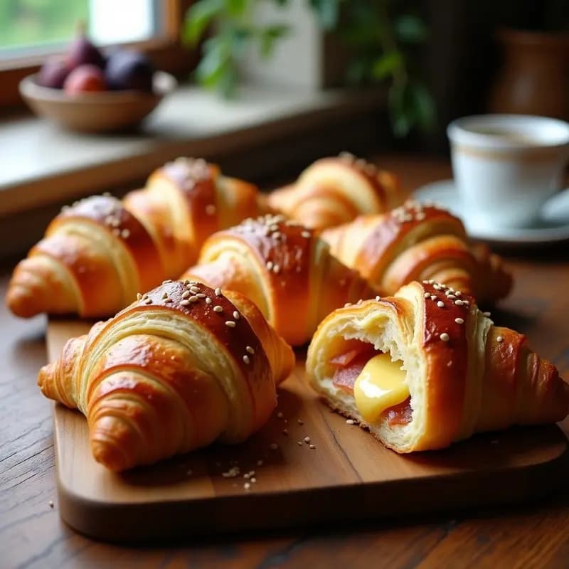 Croissants dorados y crujientes de masa de almendra rellenos de jamón serrano y queso emmental fundido, servidos en una bandeja de madera con semillas de sésamo. Desayuno francés en airfryer sin gluten.
