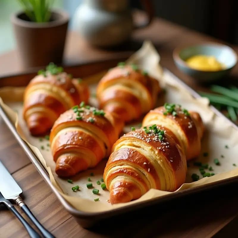 Bandeja de croissants de hojaldre de centeno dorados y crujientes, rellenos de jamón ibérico y queso de cabra, con especias de Provenza visibles en la superficie. Desayuno francés salado con acabado brillante y cebollino fresco espolvoreado.