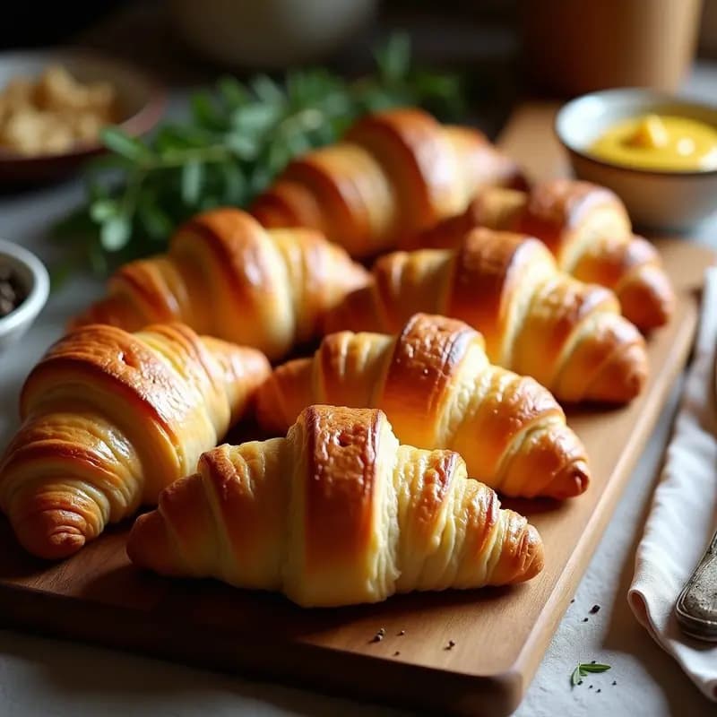Croissants dorados y crujientes de hojaldre casero rellenos de jamón serrano y queso Gruyère, dispuestos en una bandeja de madera rústica con hierbas frescas de decoración. Desayuno francés gourmet.
