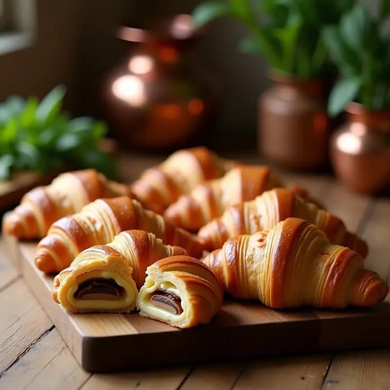 Croissants dorados y hojaldrados rellenos de queso vegano cremoso y láminas de jamón de champiñones, servidos en una bandeja de madera con tomillo fresco. Desayuno francés sin lactosa.