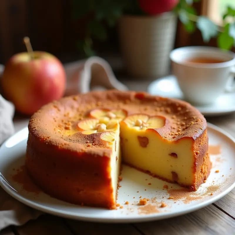 Crompou de Manzana y Canela horneado en molde redondo, dorado por fuera con base de almendras fileteadas, cortado en porciones y servido en plato blanco con canela espolvoreada.