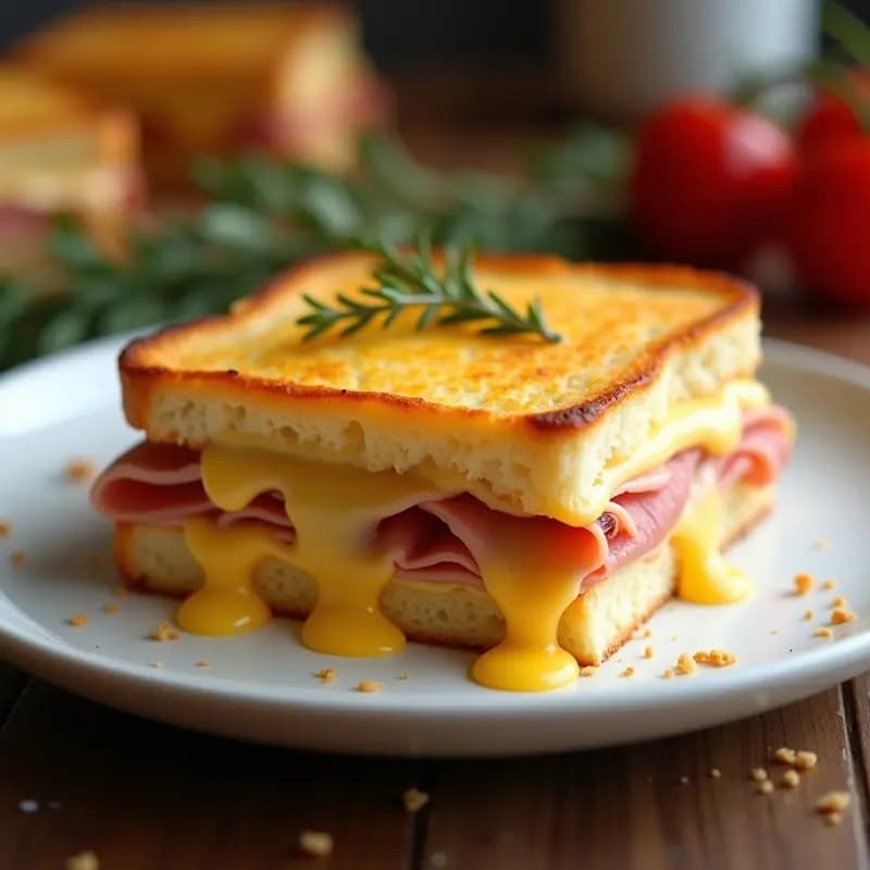 Croque Monsieur de jamón de pavo y queso Gruyère gratinado, con pan integral dorado, bechamel cremosa y queso fundido burbujeante, servido en plato blanco con cebollino fresco y pepinillos al lado.