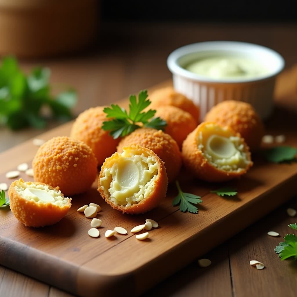 Croquetas doradas y crujientes de alcachofa y queso de almendras sobre una bandeja de madera, con virutas de almendra tostada visibles en el rebozado. Acompañadas de hojas de perejil fresco y un cuenco pequeño con salsa cremosa al fondo. Receta en olla exprés.