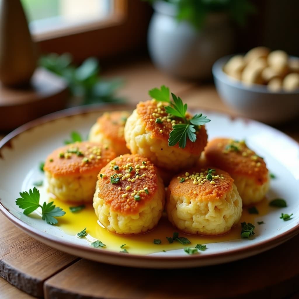 Croquetas doradas de alcachofa y queso de cabra con costra de pistacho molido, servidas en un plato blanco rústico con perejil fresco y un hilo de aceite de oliva, receta sin gluten en airfryer.