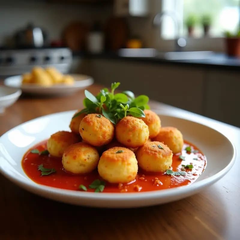 Croquetas doradas de alcachofa y queso de cashew al horno, servidas en plato blanco con salsa romesco oscura y textura cremosa. Decoradas con almendras fileteadas y perejil fresco. Fondo rústico de madera.