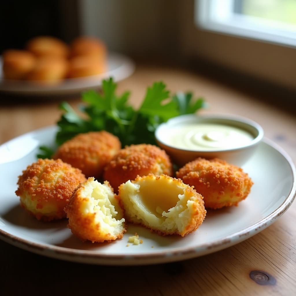 Croquetas doradas y crujientes de alcachofa y queso de castaña con pan rallado de lino, servidas en un plato blanco rústico con hierbas frescas y salsa de yogur al lado. Receta española en airfryer.