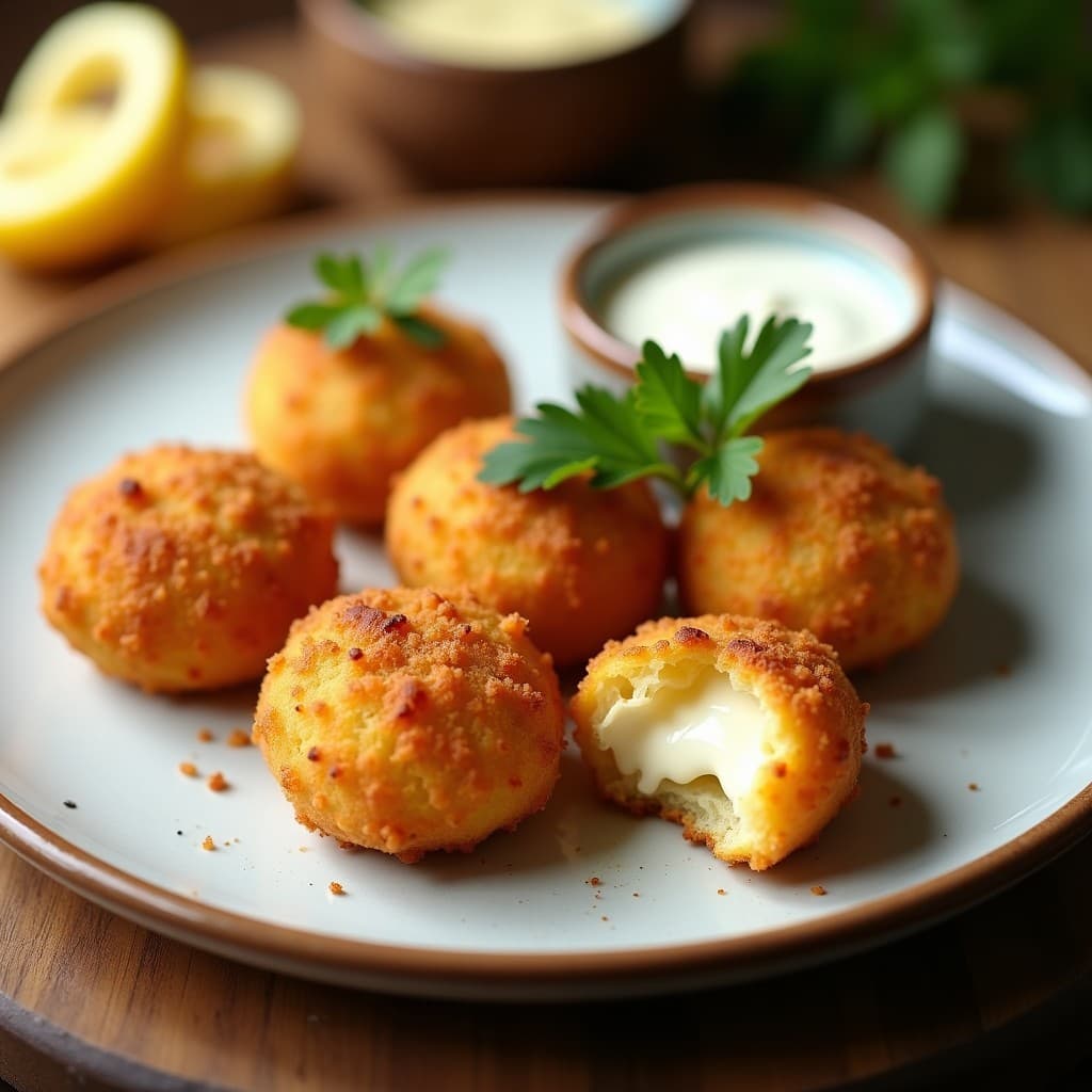 Croquetas doradas y crujientes de alcachofa y queso manchego servidas en un plato blanco rústico, con virutas de queso manchego y hojas de perejil fresco como decoración, receta en airfryer sin rebozar.