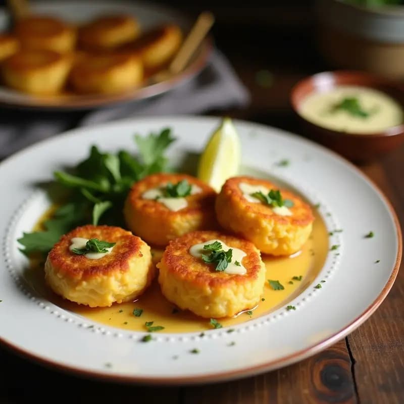 Croquetas doradas y crujientes de alcachofa y queso de oveja servidas en un plato blanco con salsa de limón y eneldo fresco, receta griega en airfryer.