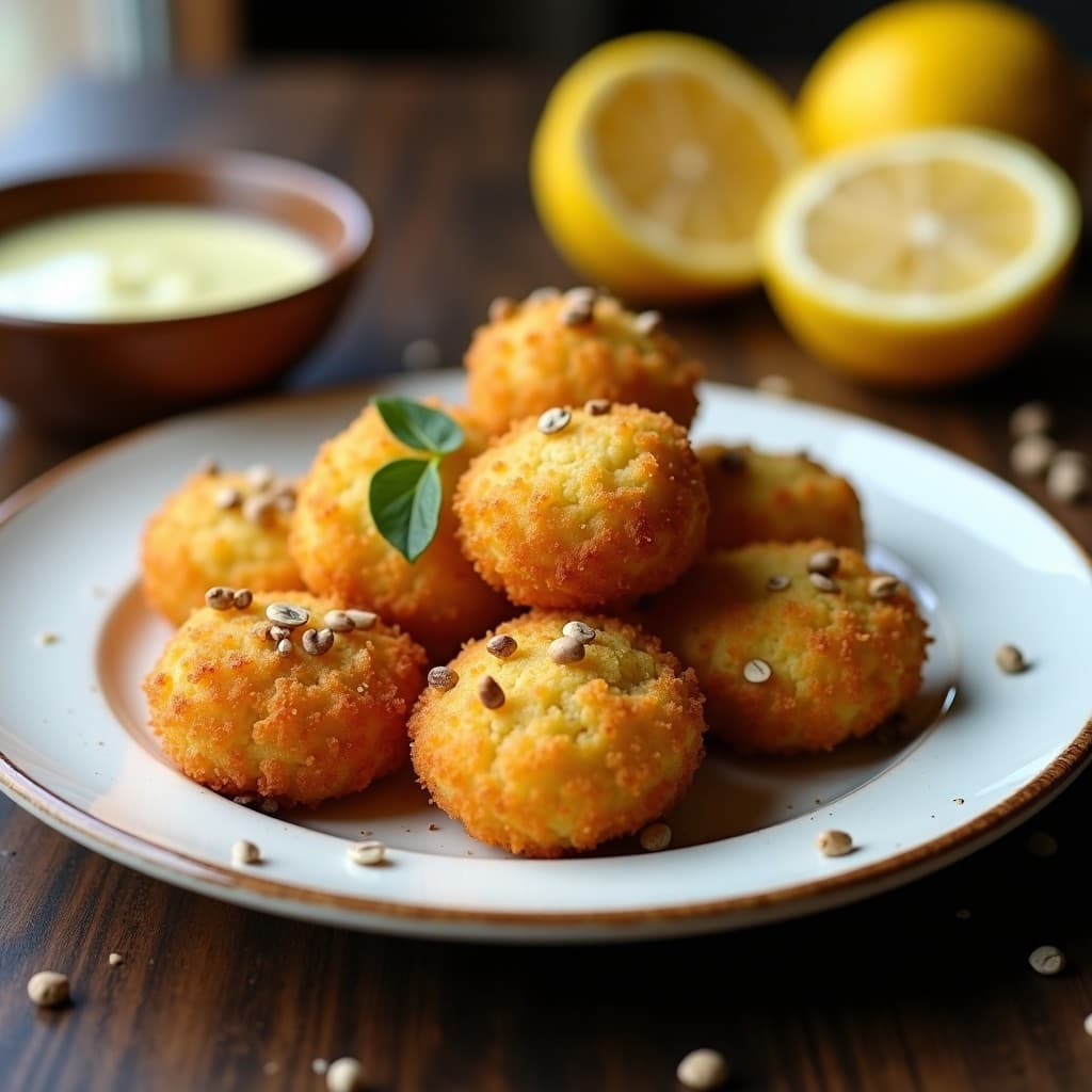 Croquetas doradas de alcachofa y queso vegano con costra crujiente de semillas de chía, servidas en plato blanco rústico sobre fondo de madera. Receta en airfryer, aperitivo vegano y saludable.