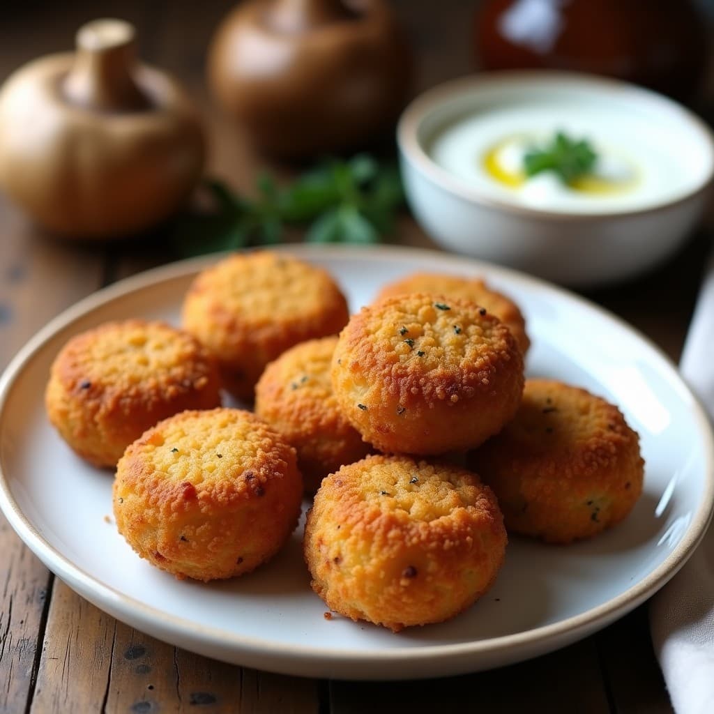 Croquetas de avena y setas shiitake veganas, doradas y crujientes, servidas en un plato blanco con salsa de yogur y perejil fresco. Receta fácil en airfryer.